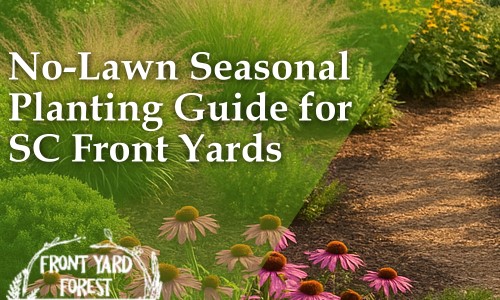 Eco-friendly lawn alternative with clover and wildflowers designed by Front Yard Forest, Lexington, SC