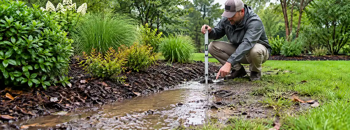 Landscaper inspecting runoff and drainage in a South Carolina garden after rain