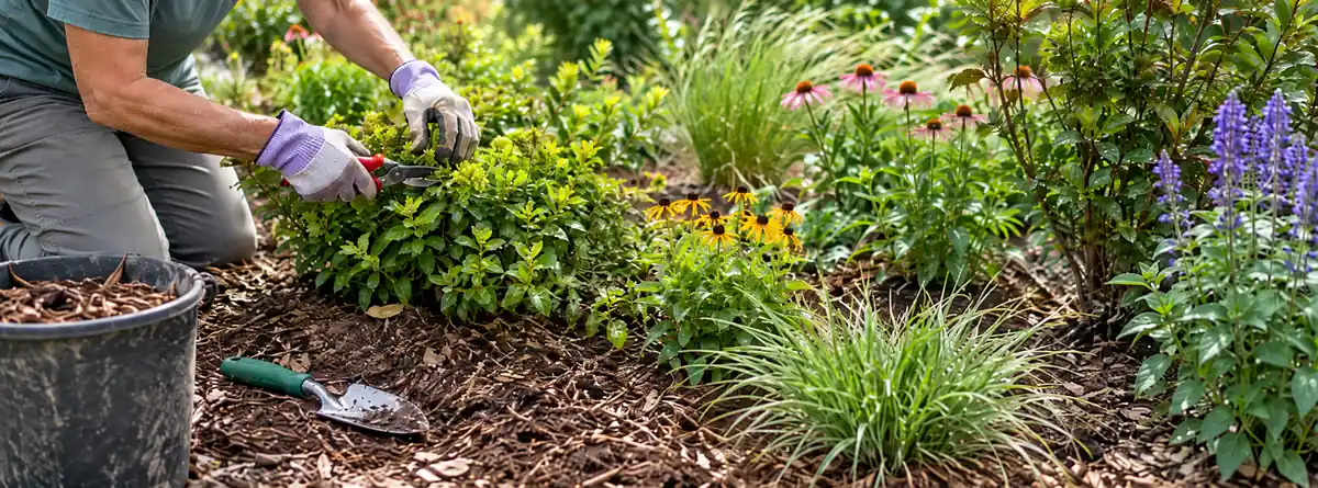 Gardener pruning shrubs and maintaining a mulched South Carolina planting bed