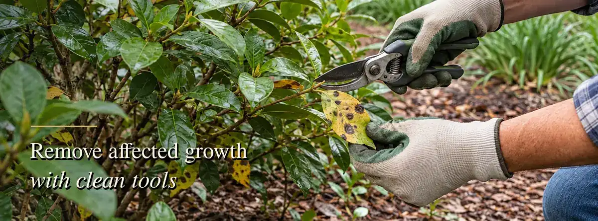 Gardener pruning a spotted leaf with clean hand pruners
