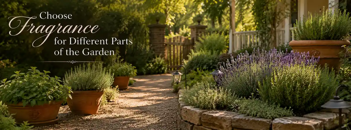 Fragrant herb garden with rosemary, thyme, mint containers, and a walking path in Columbia, SC