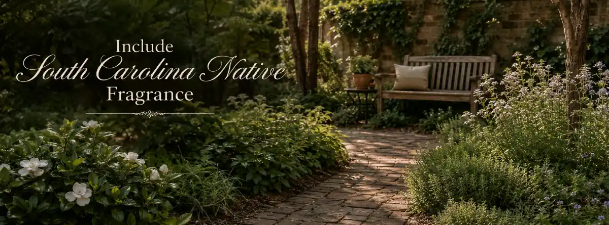 Shaded South Carolina garden seating area surrounded by gardenia, sweetshrub, and aromatic herbs