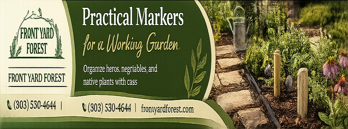 Natural garden markers used to organize herbs, vegetables, and flowering plants in a sustainable landscape
