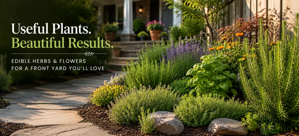 South Carolina front yard herb garden with rosemary, thyme, flowers, and a clean walkway