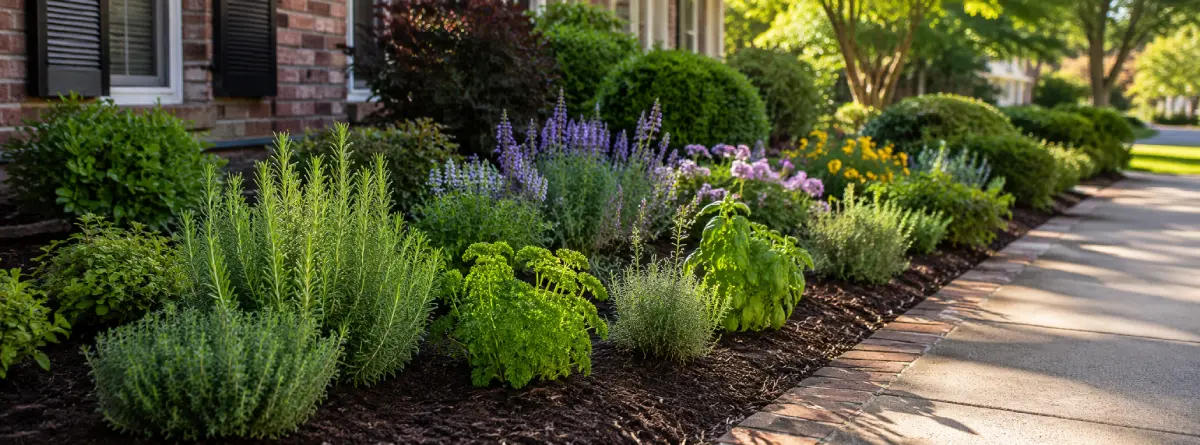 Blueberry shrubs and edible flowering plants in a sustainable South Carolina front yard landscape