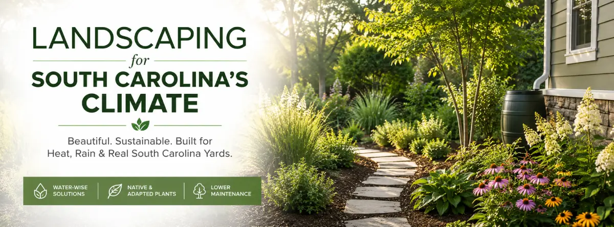 Water-smart South Carolina landscape with mulch, drainage-friendly planting, and reduced turf area