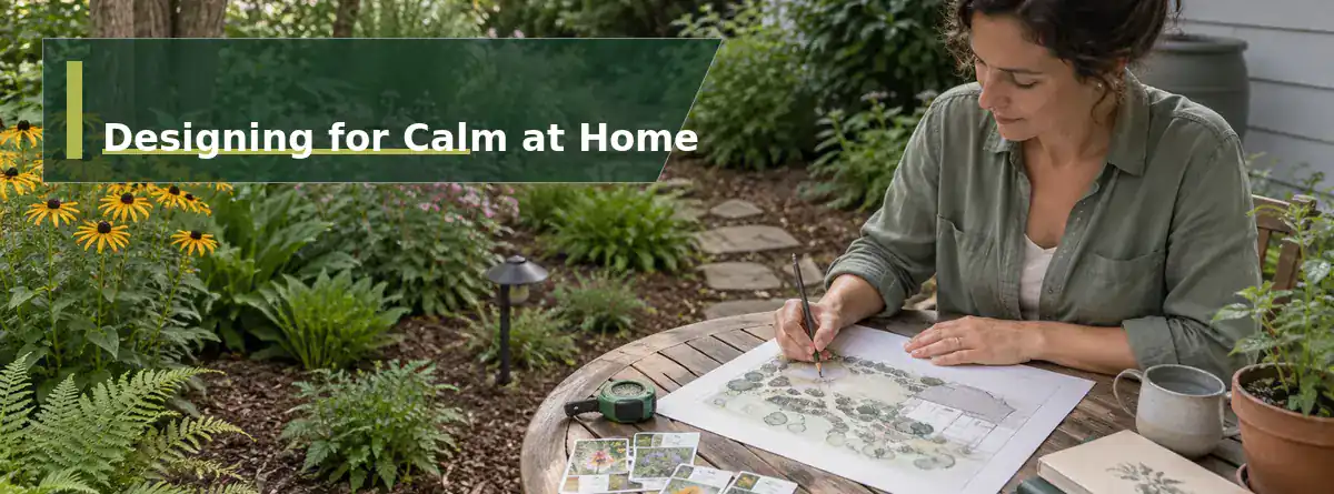 Homeowner planning a calm eco-friendly garden beside a native planting bed