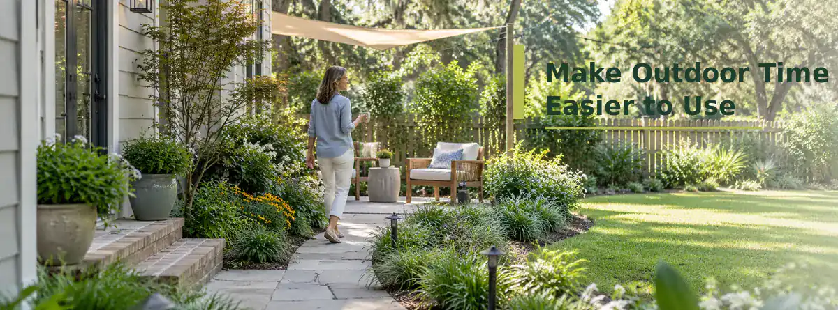 Homeowner walking along a clear path toward a shaded outdoor seating area