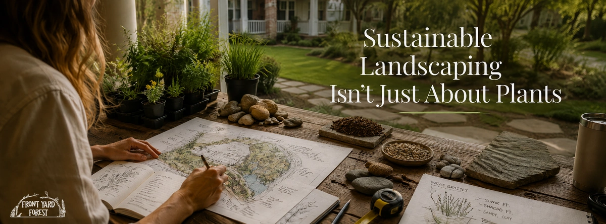 Landscape planning table with plant choices, stone materials and a residential yard in the background