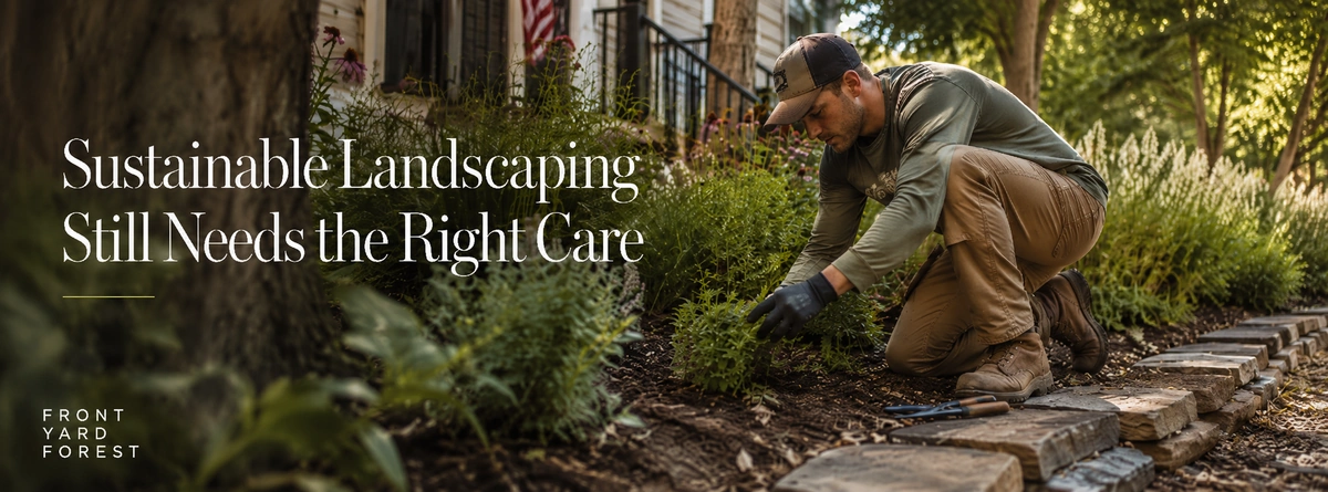 A landscaper looking after an established sustainable garden next to a house in South Carolina