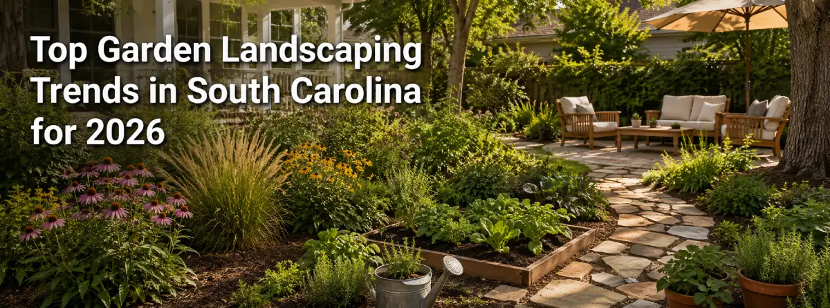 Native plant garden bed in a South Carolina front yard with pollinator-friendly flowers and layered shrubs