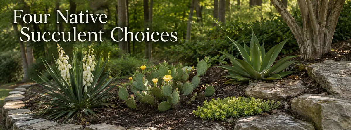 Four native succulent choices growing in a well-drained South Carolina residential planting bed