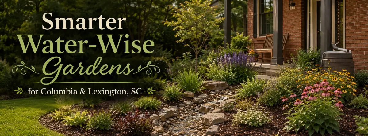 Water-wise South Carolina garden with native plants, mulch, and a defined rain garden