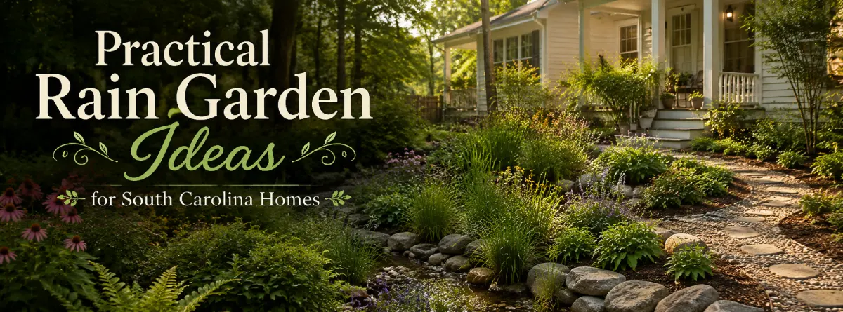 Residential rain garden in Columbia, South Carolina, capturing roof runoff with layered native plants